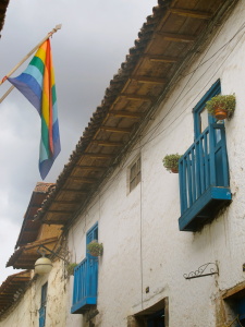 Balconies and flags, San Blas, Cusco, Peru, South America