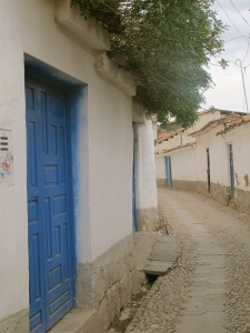 Blue door, San Blas, Cusco, Peru, South America