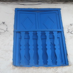 Blue window shutters, San Blas, Cusco, Peru, South America