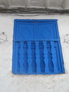 Blue window shutters, San Blas, Cusco, Peru, South America