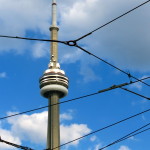 CN Tower amongst Toronto street car wires
